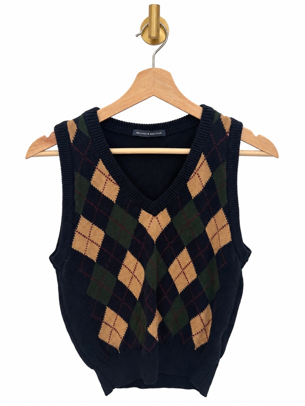 Brandy Melville Argyle V-Neck Knit Top - Black, Tan & Green